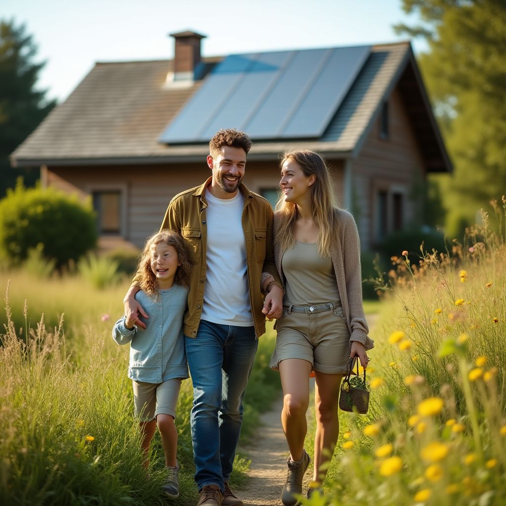 Famille éco-responsable avec énergie solaire