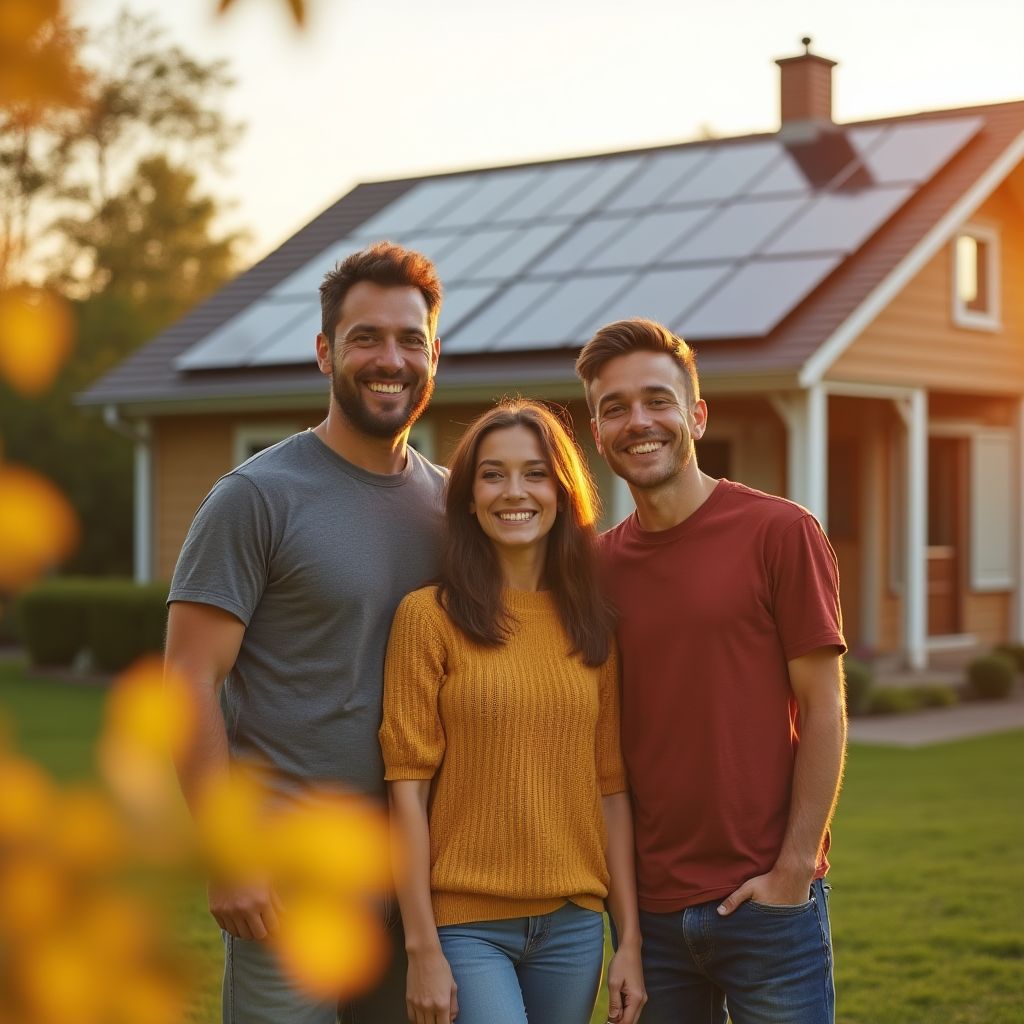 Famille devant leur maison équipée en solaire